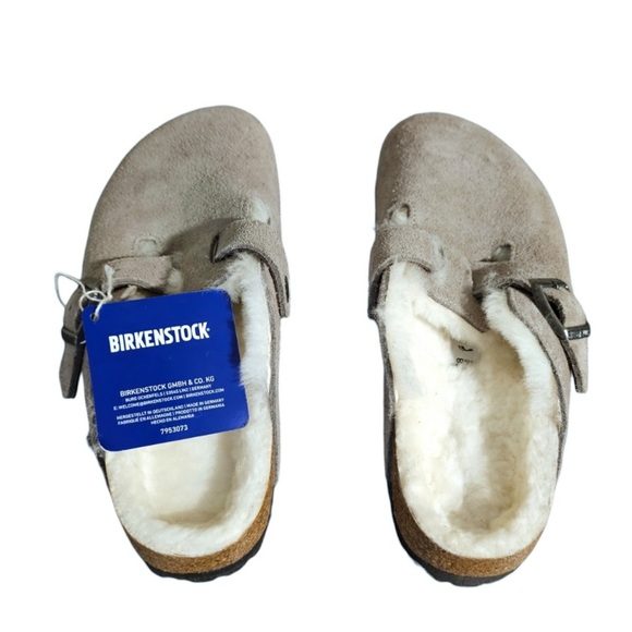 Birkenstock Boston Shearling Clog Suede Leather Stone Coin Size 7 NWT - Picture 2 of 4